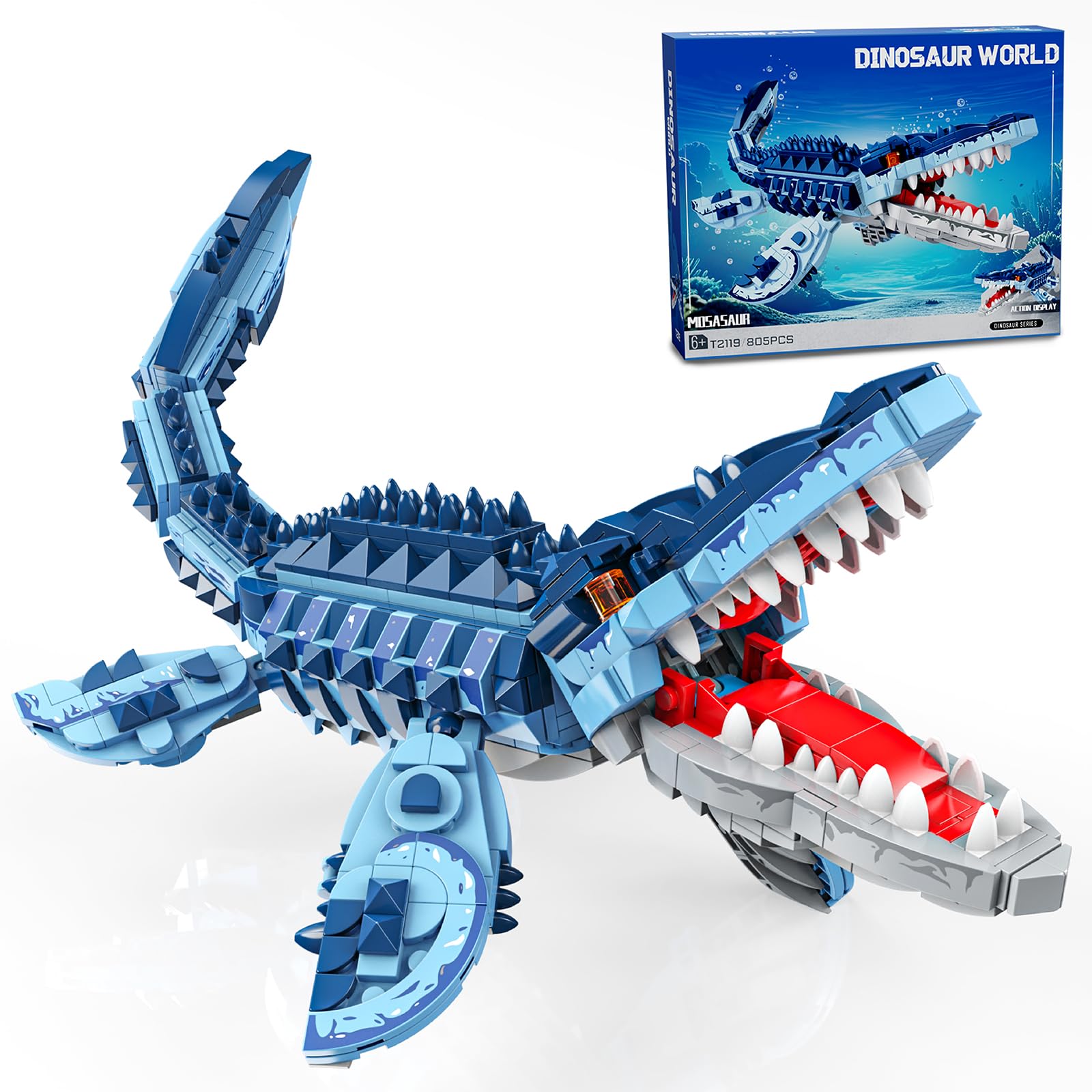 EITOLNR Mosasaurus building set displays an 805-piece model for immersive ocean scenes.