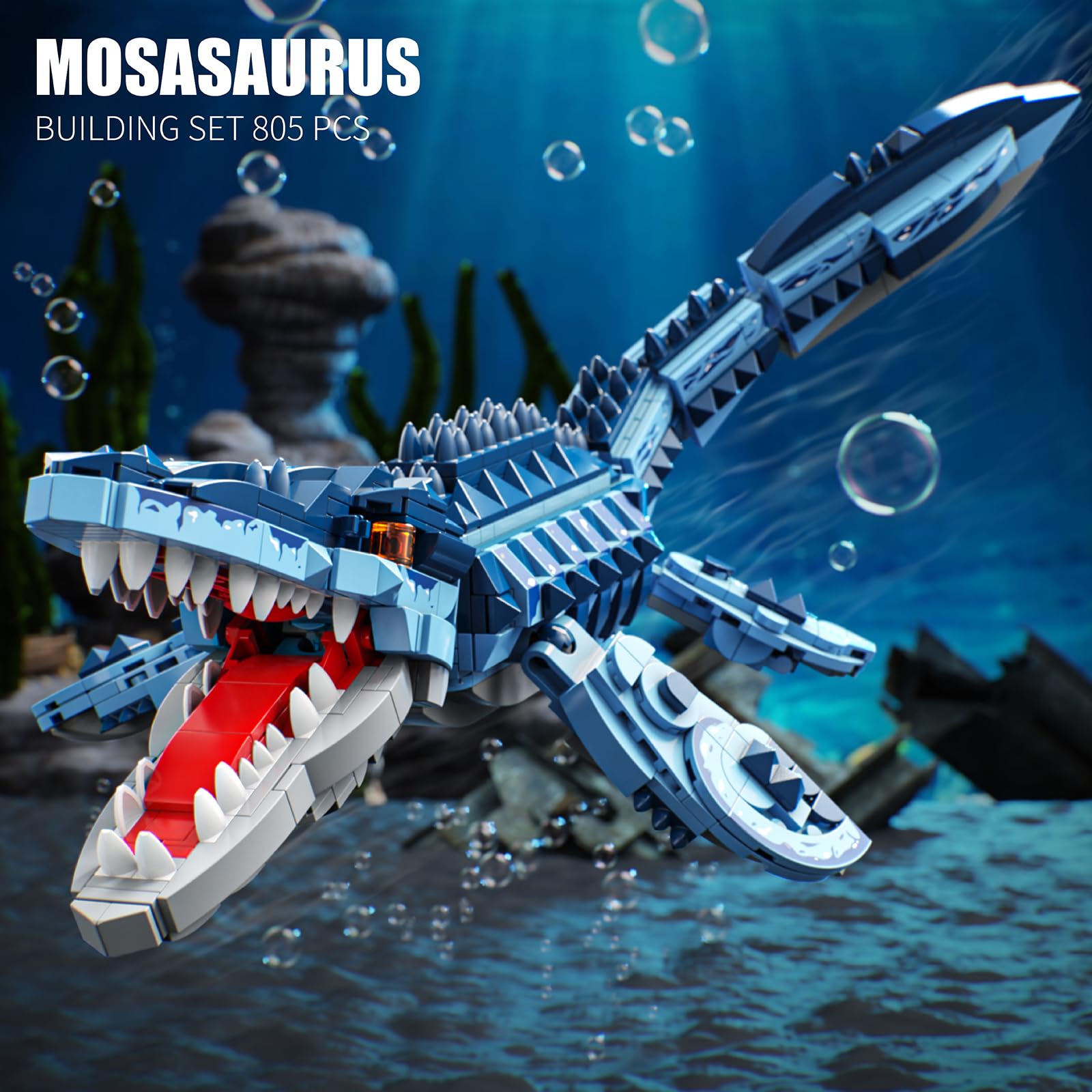 EITOLNR Mosasaurus figure with movable fins adds dynamic poseability.