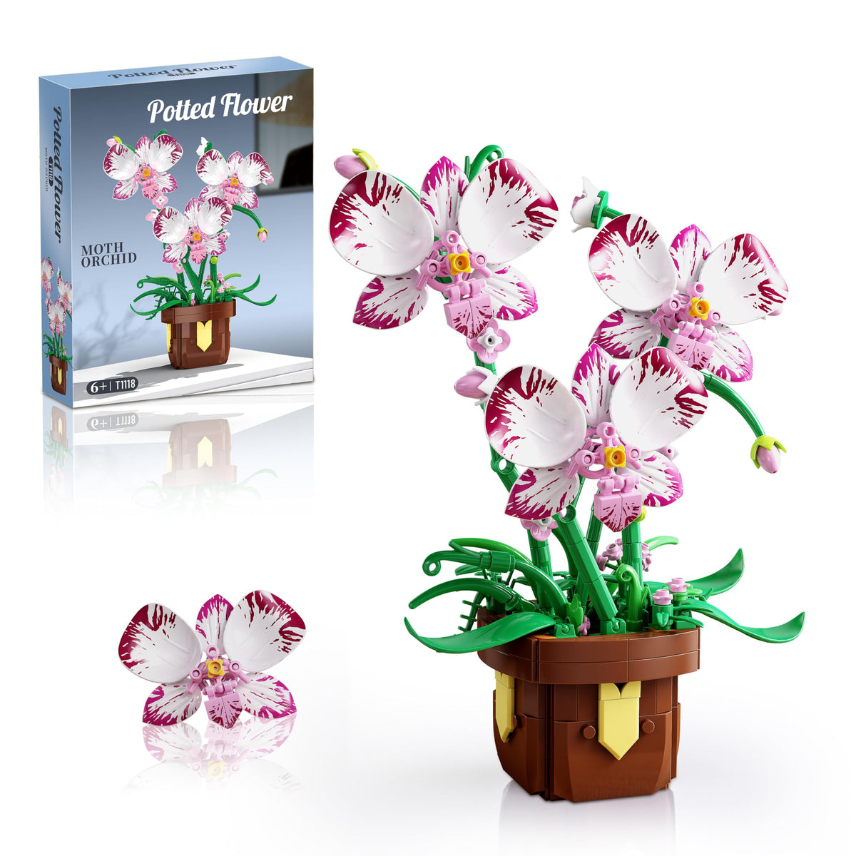 EITOLNR orchid bonsai building set close-up with wooden pot for lifelike decor.