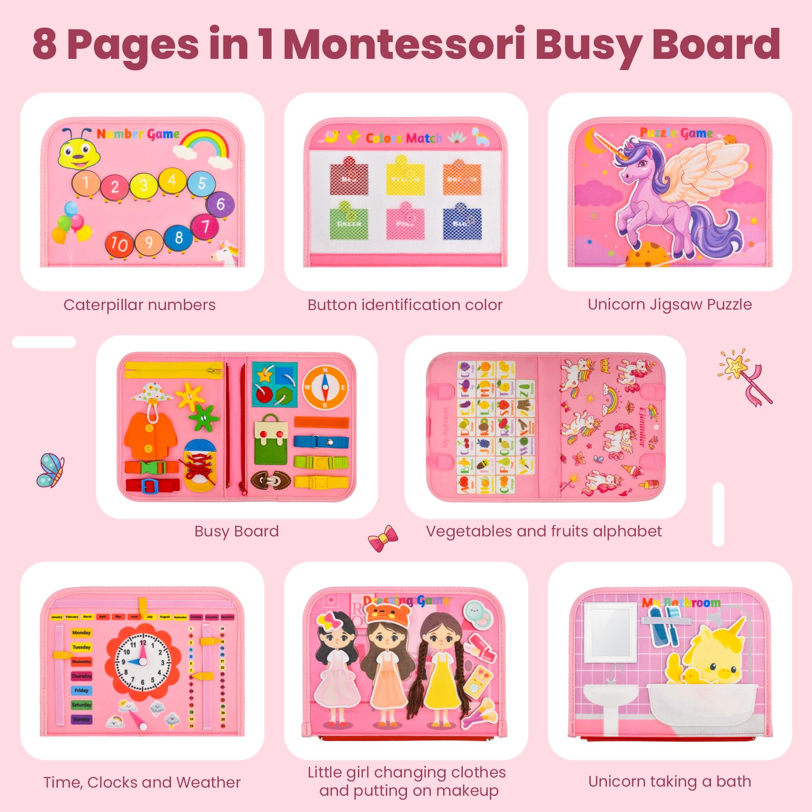 Ejanmilar unicorn busy board showing zippers and snaps for practical life practice