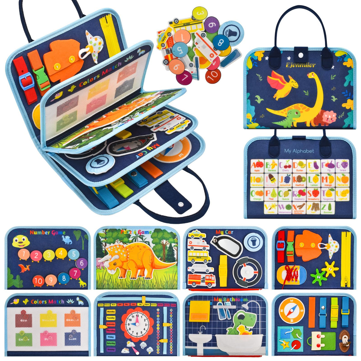 Ejanmilar dinosaur busy book cover with colorful pages designed for toddlers.
