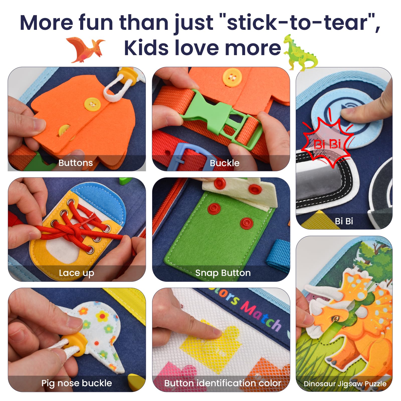 Ejanmilar dinosaur busy book zipper and button activity supports fine motor skills.