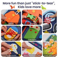 Ejanmilar dinosaur busy book zipper and button activity supports fine motor skills.