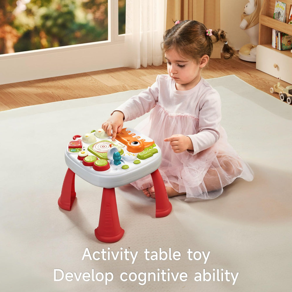 eJog Pup Baby Activity Table with red legs enables sit-to-stand exploration