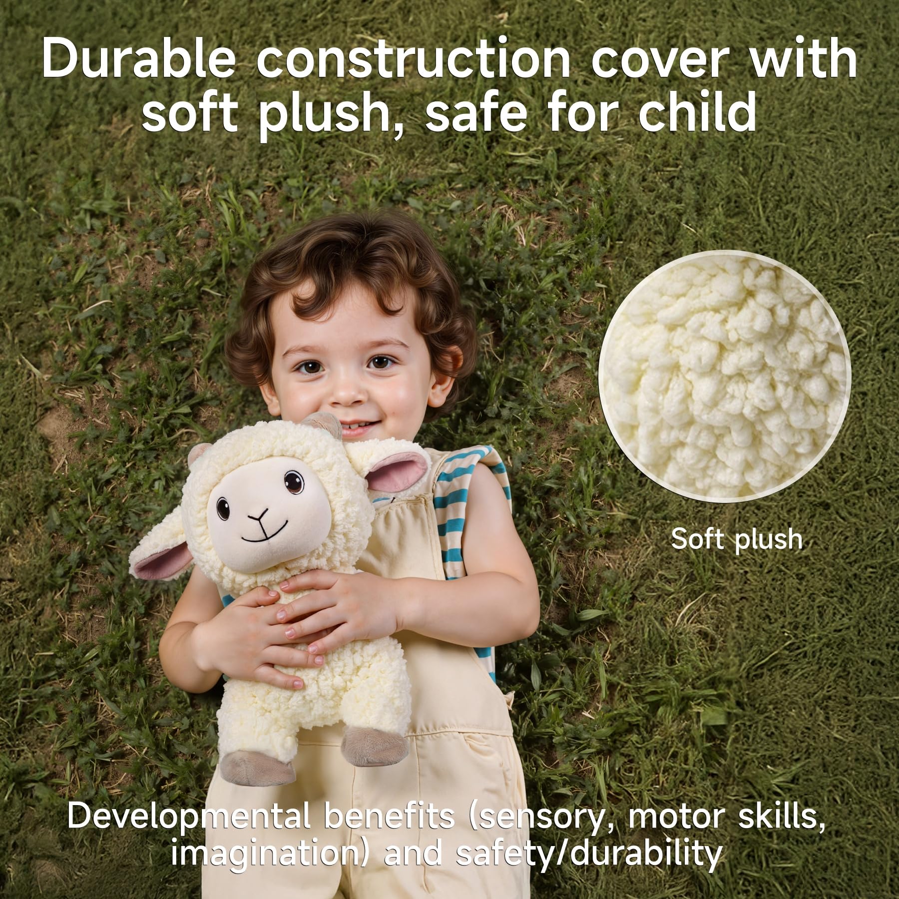 eJog Pup interactive singing lamb plush activates on touch for sensory fun.