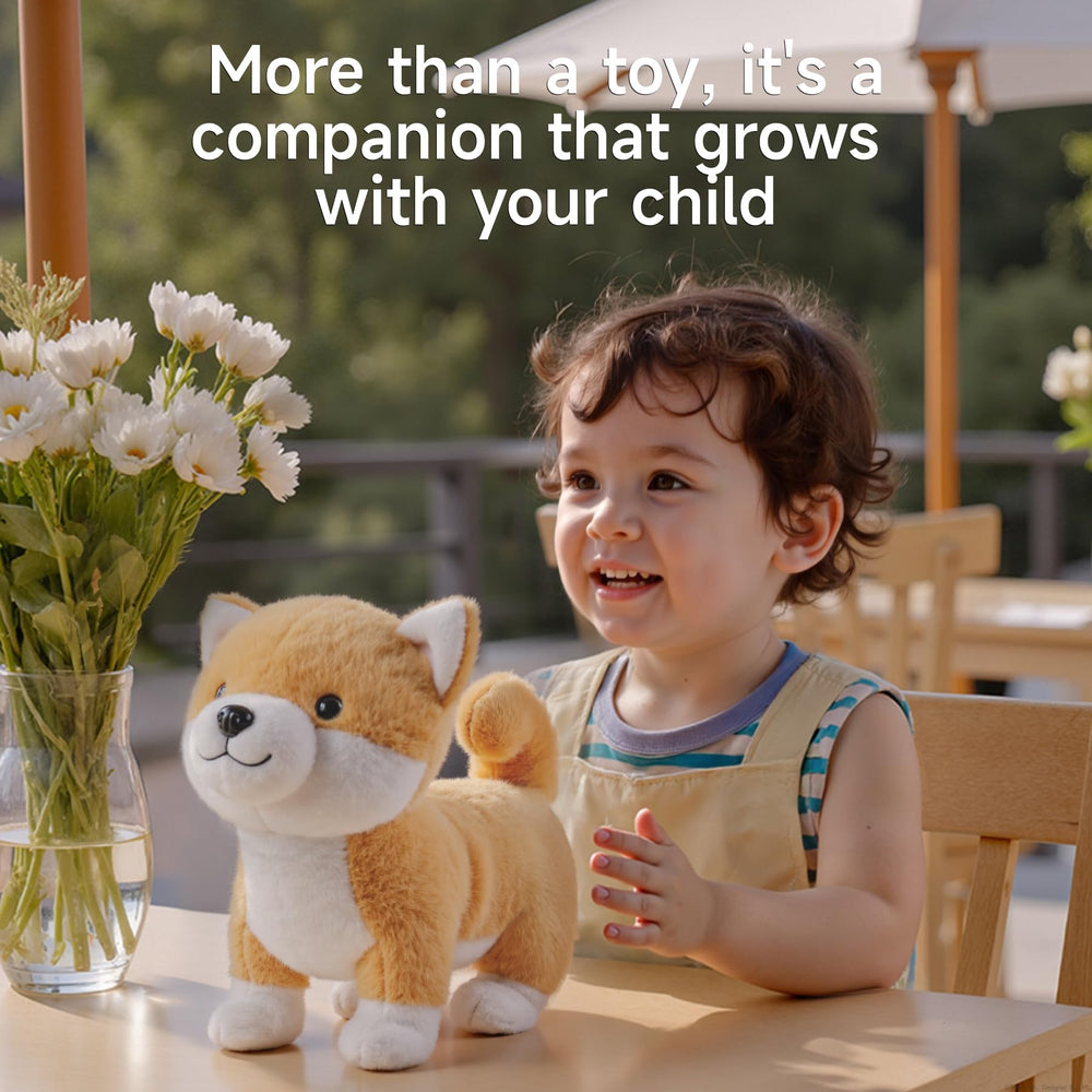 eJog Pup jumping action, a playful robot dog, inspiring active play and imagination.