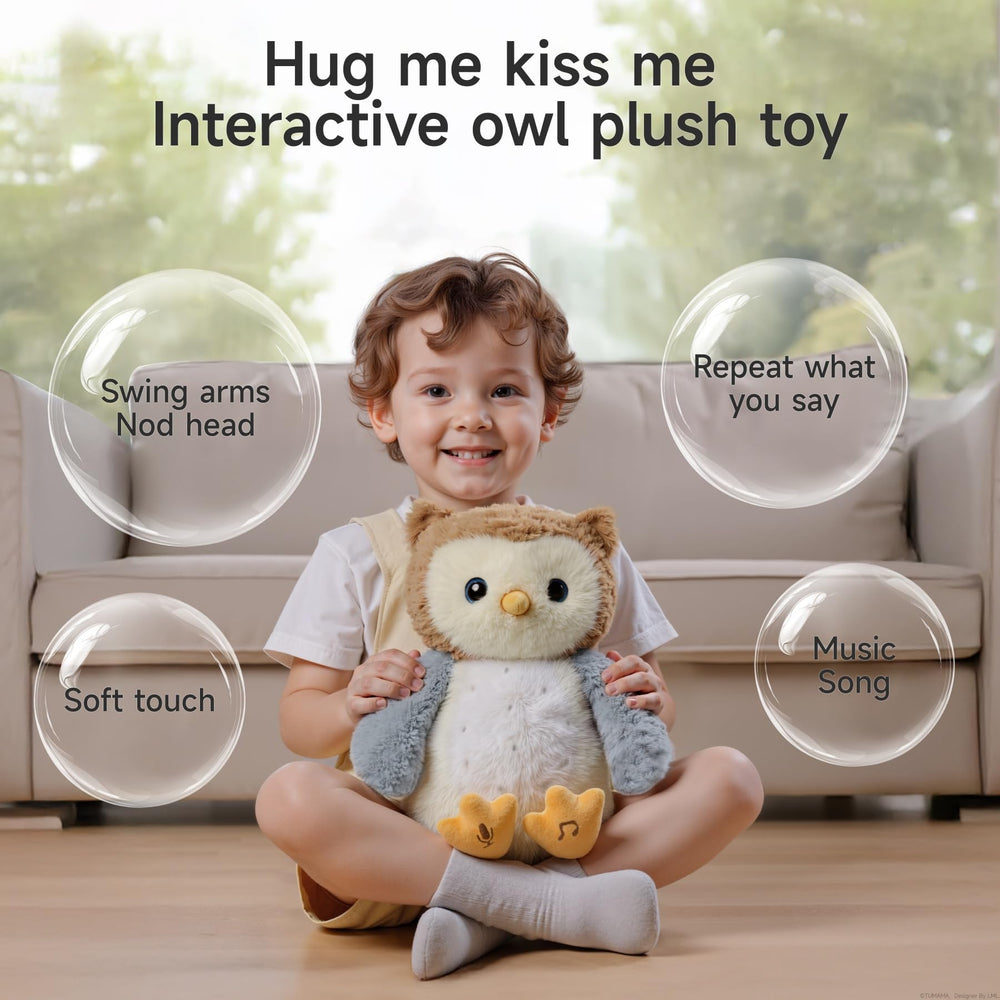 Ejog Pup Owl plush hug gesture encourages baby to hug.