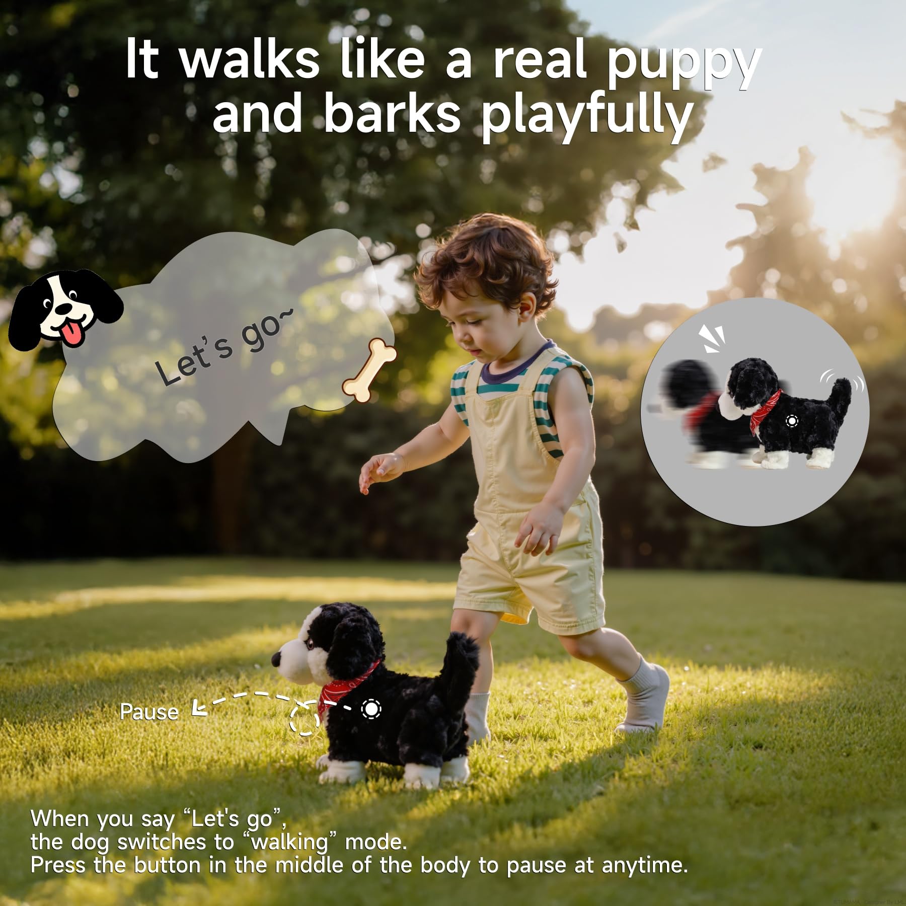 eJog Pup tail wag and bark respond to prompts.