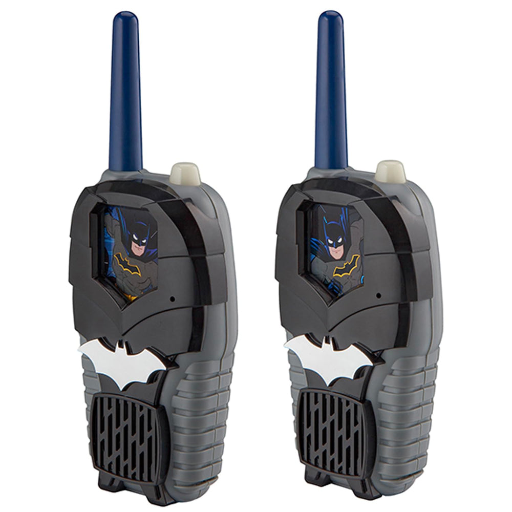 ekids Batman walkie talkies graphics close-up emphasize iconic visuals and brand appeal.