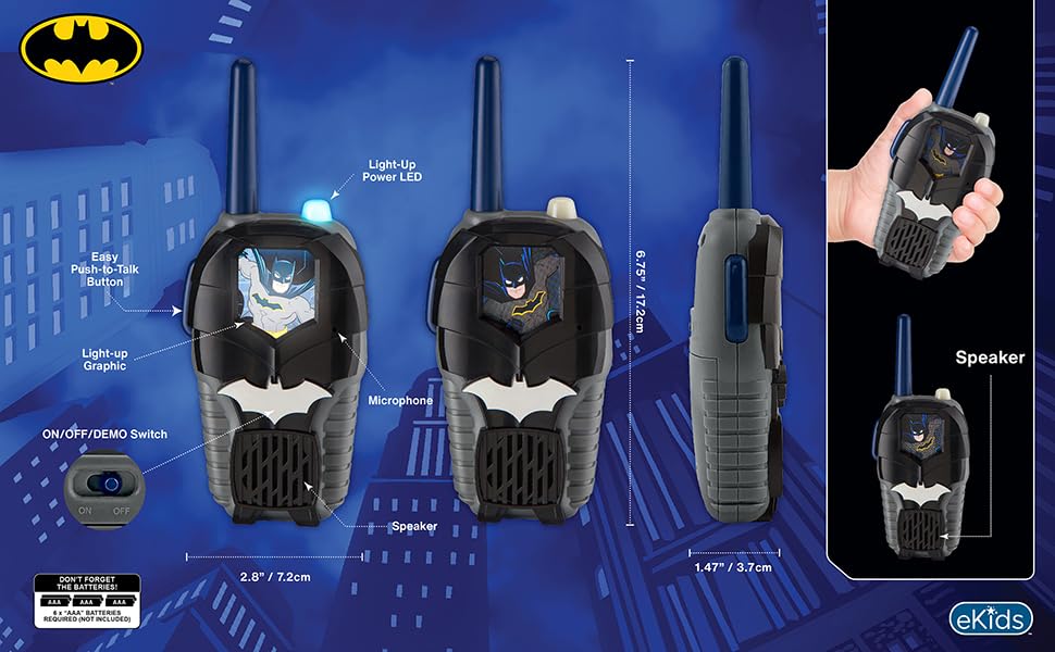 ekids Batman walkie talkies back view emphasizes ergonomic grip and easy handling.