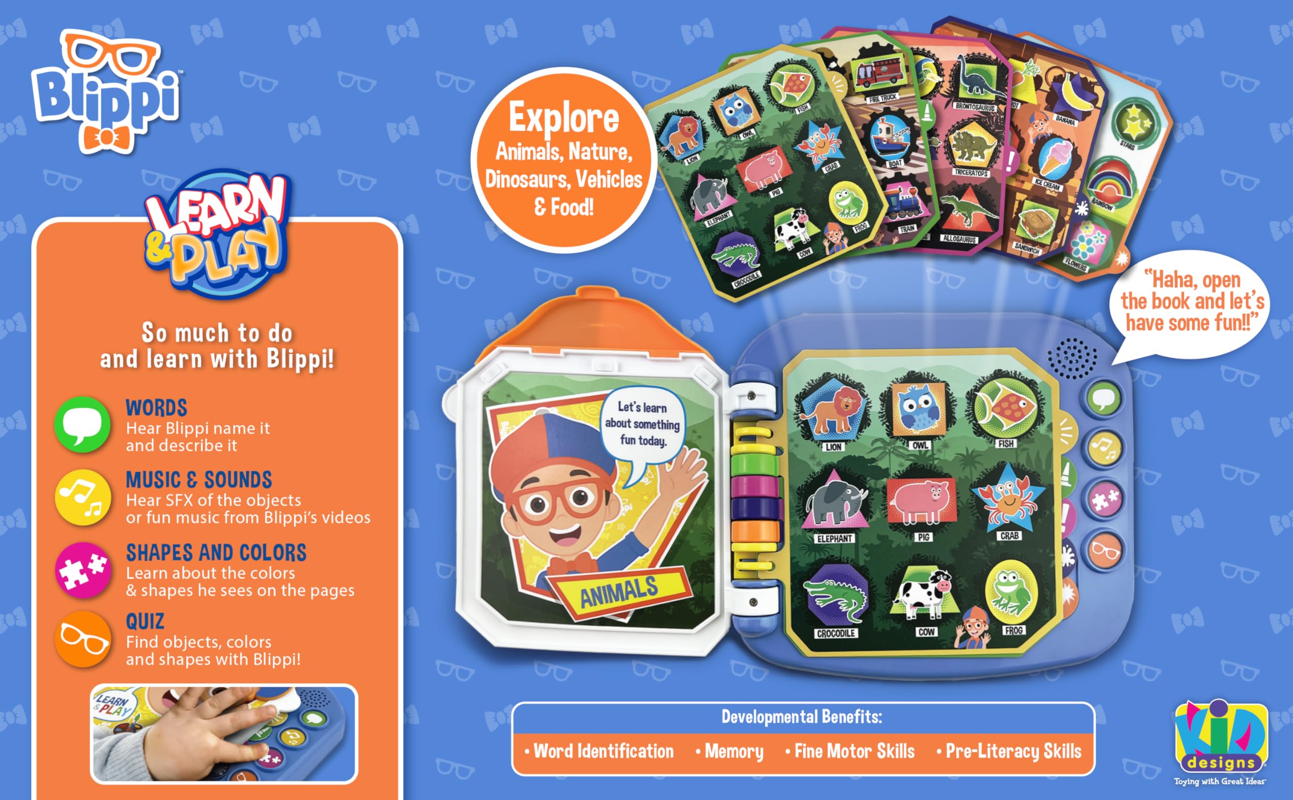 eKids Blippi Book open page with learning games for 3+ learners