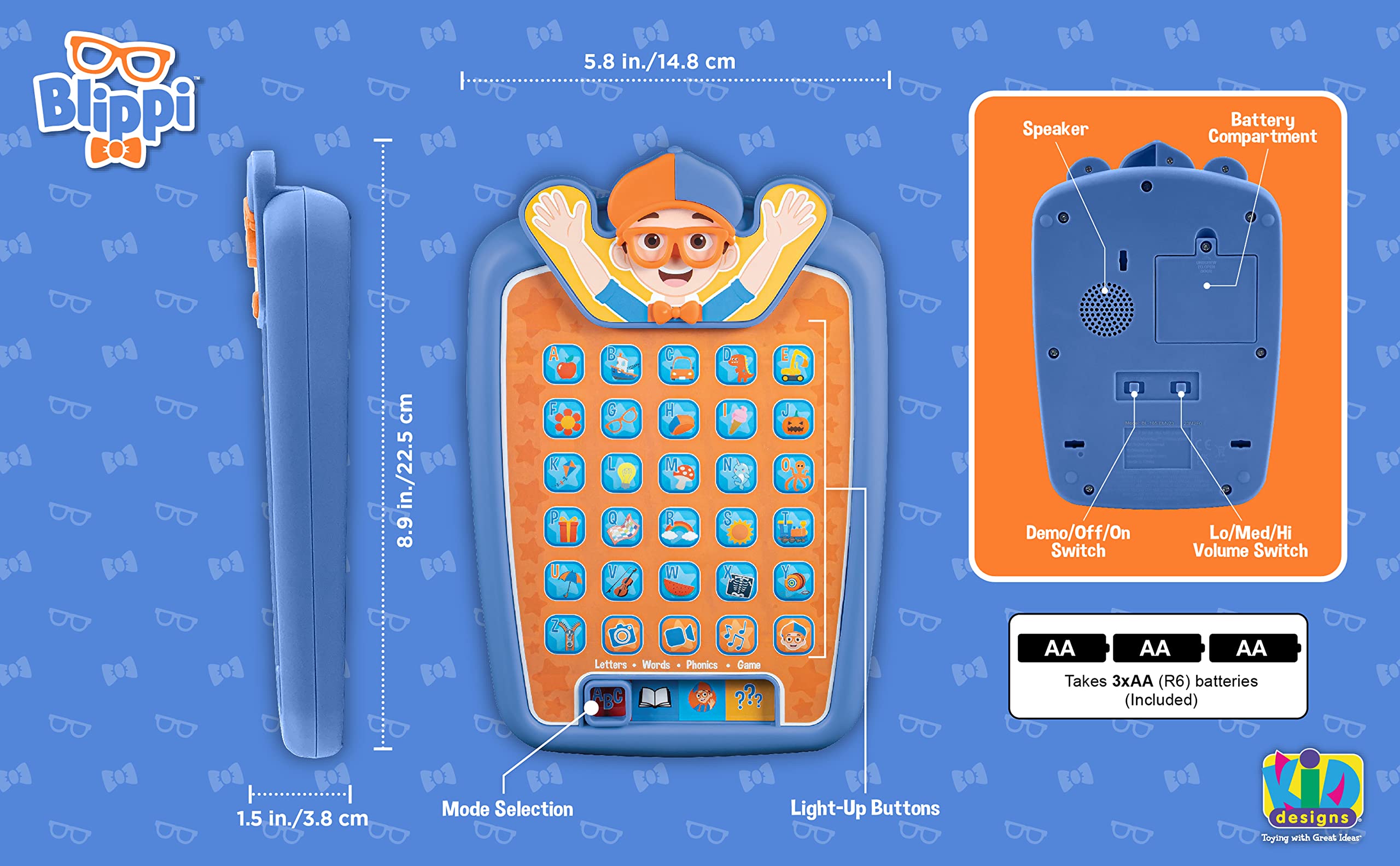 ekids Blippi tablet child learning scene emphasizes engagement and fine motor skills.