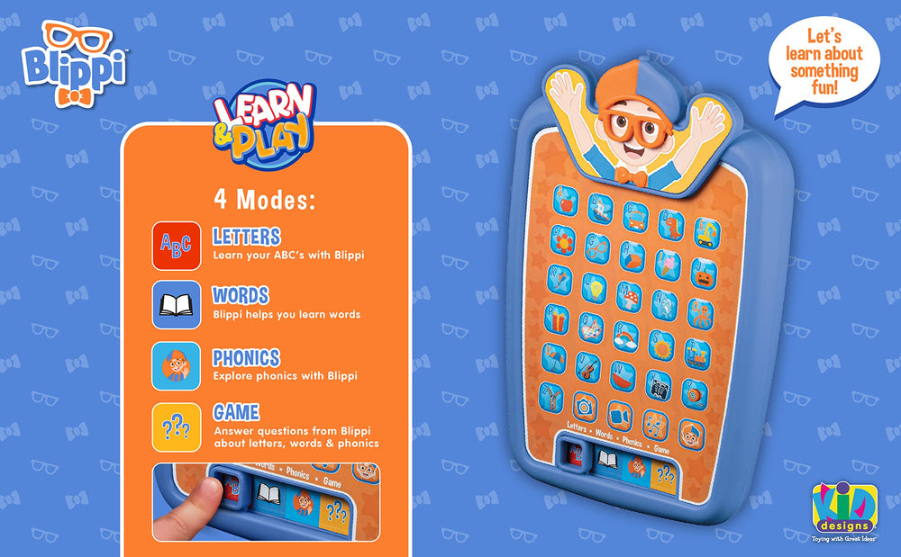ekids Blippi tablet letters-words-buttons illustrates interactive literacy activities.