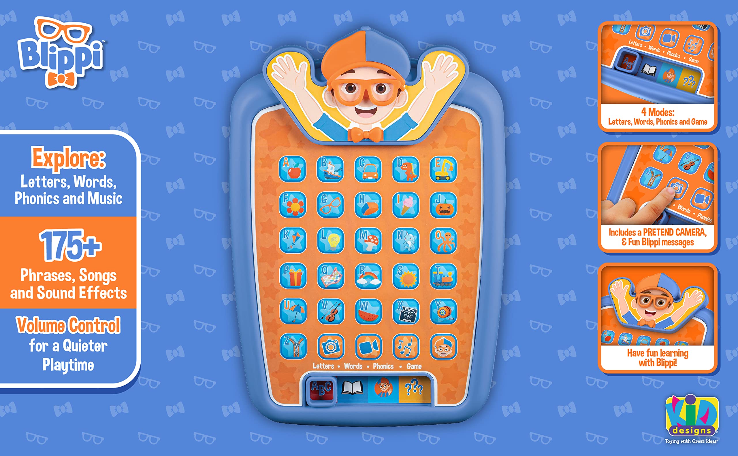 ekids Blippi tablet side profile highlighting portability for travel and on-the-go learning.