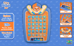ekids Blippi tablet side profile highlighting portability for travel and on-the-go learning.