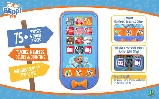eKids Blippi toy phone side design showing colorful graphics for toddlers