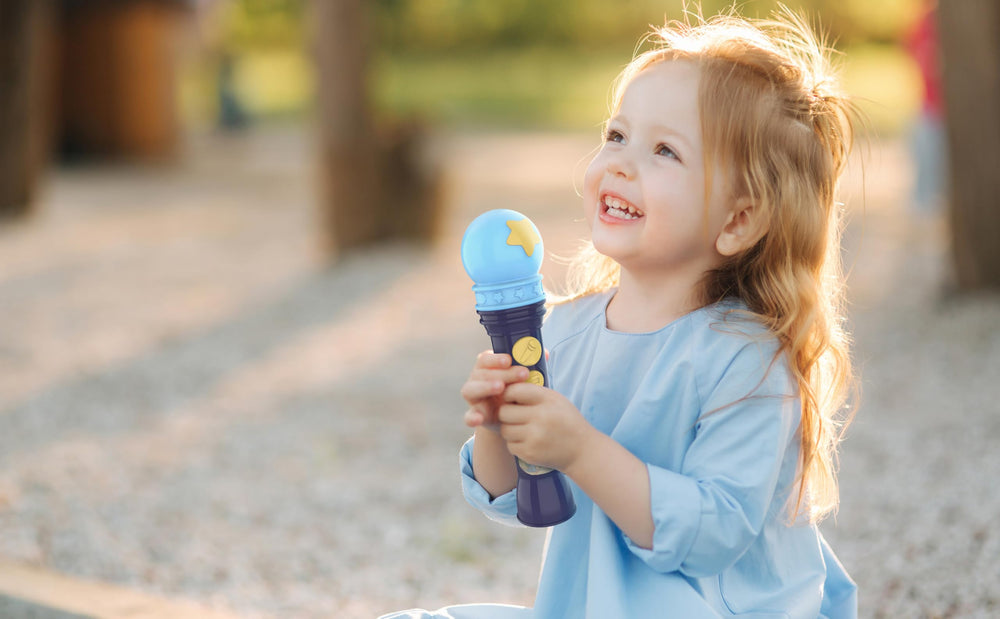 eKids Bluey microphone karaoke playback invites kids to sing along