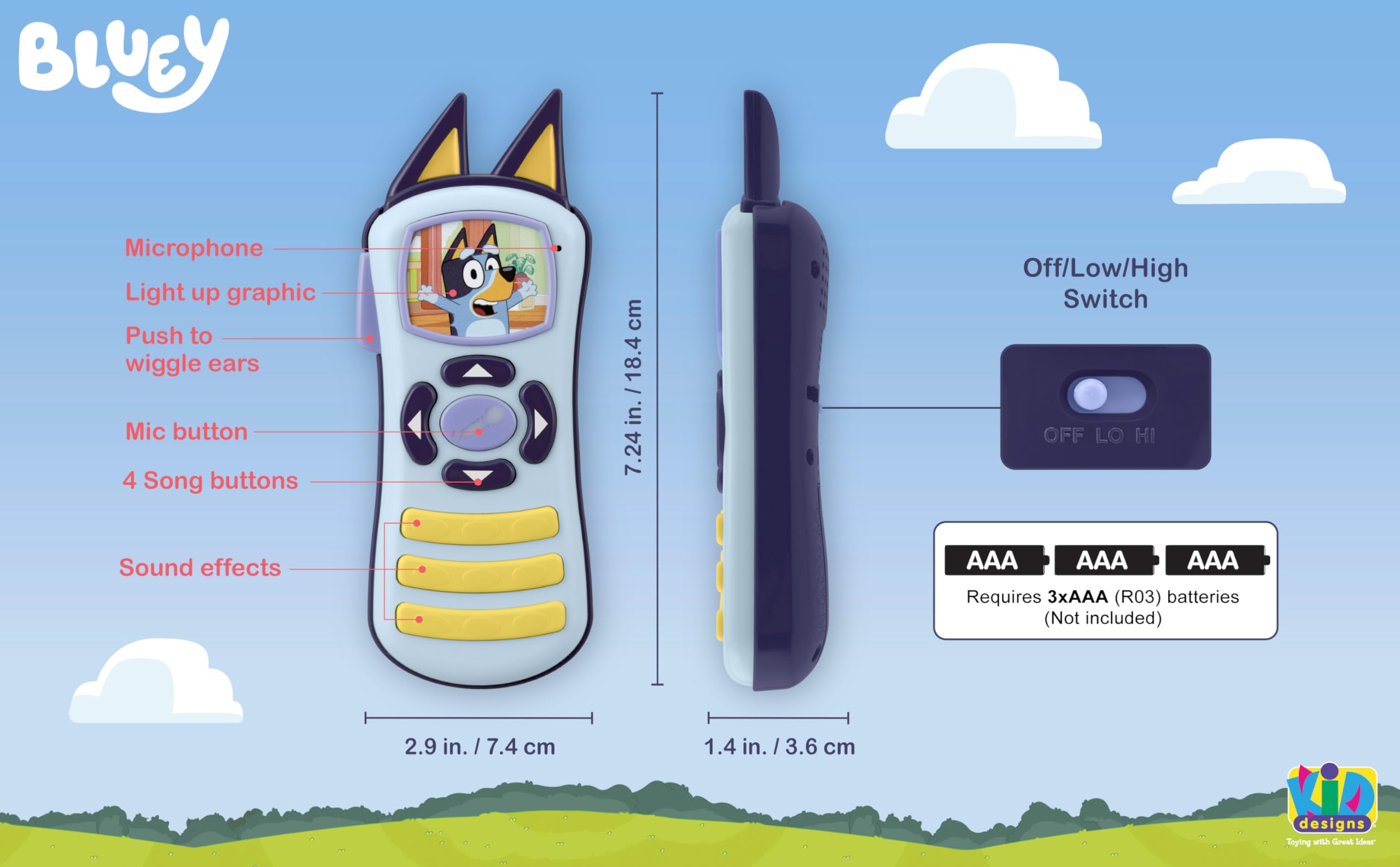 ekids Bluey remote control toy ears wiggle feature during pretend play.