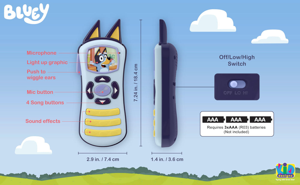 ekids Bluey remote control toy ears wiggle feature during pretend play.