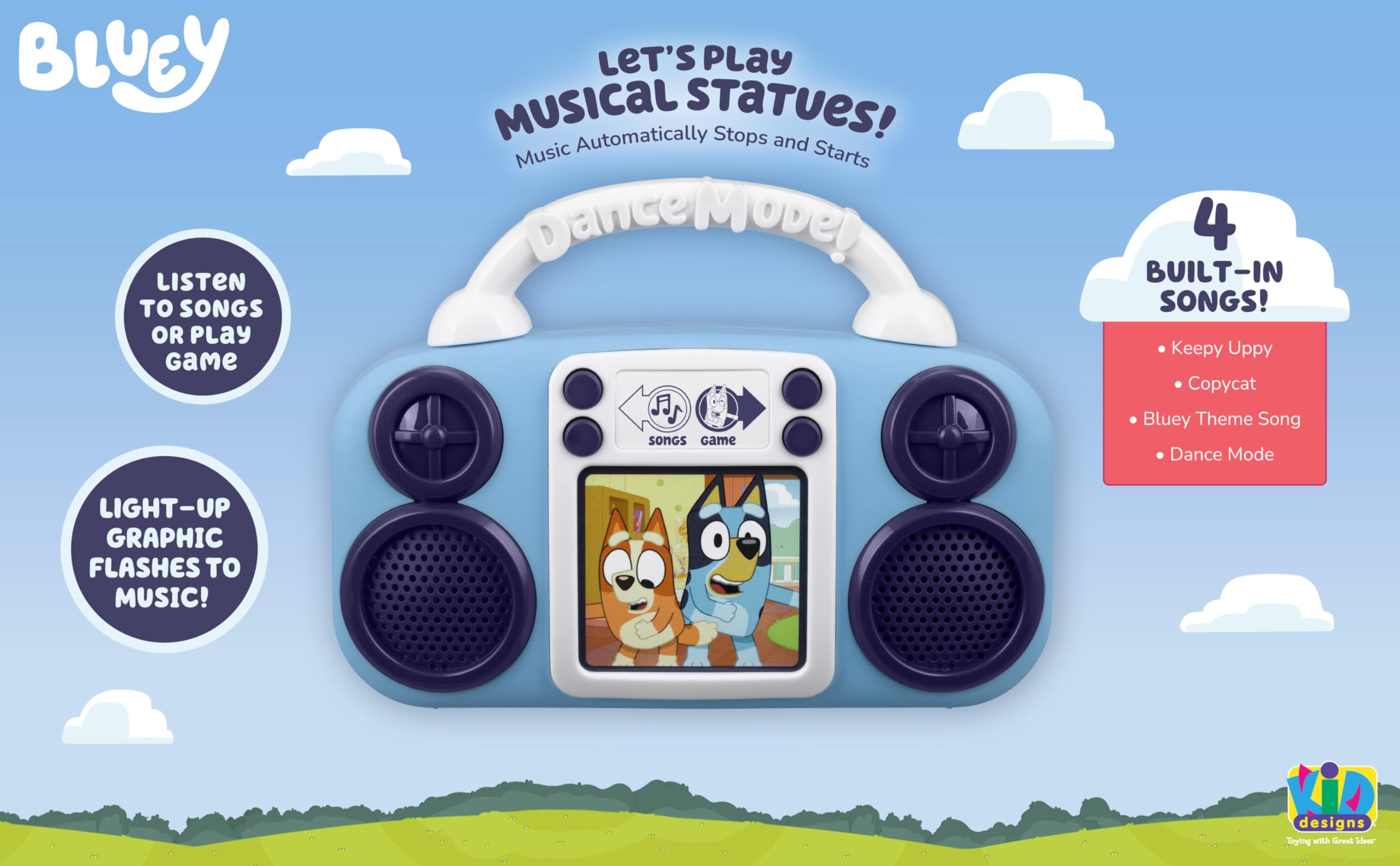 eKids Bluey Toy Music Player in dance mode for active play and movement