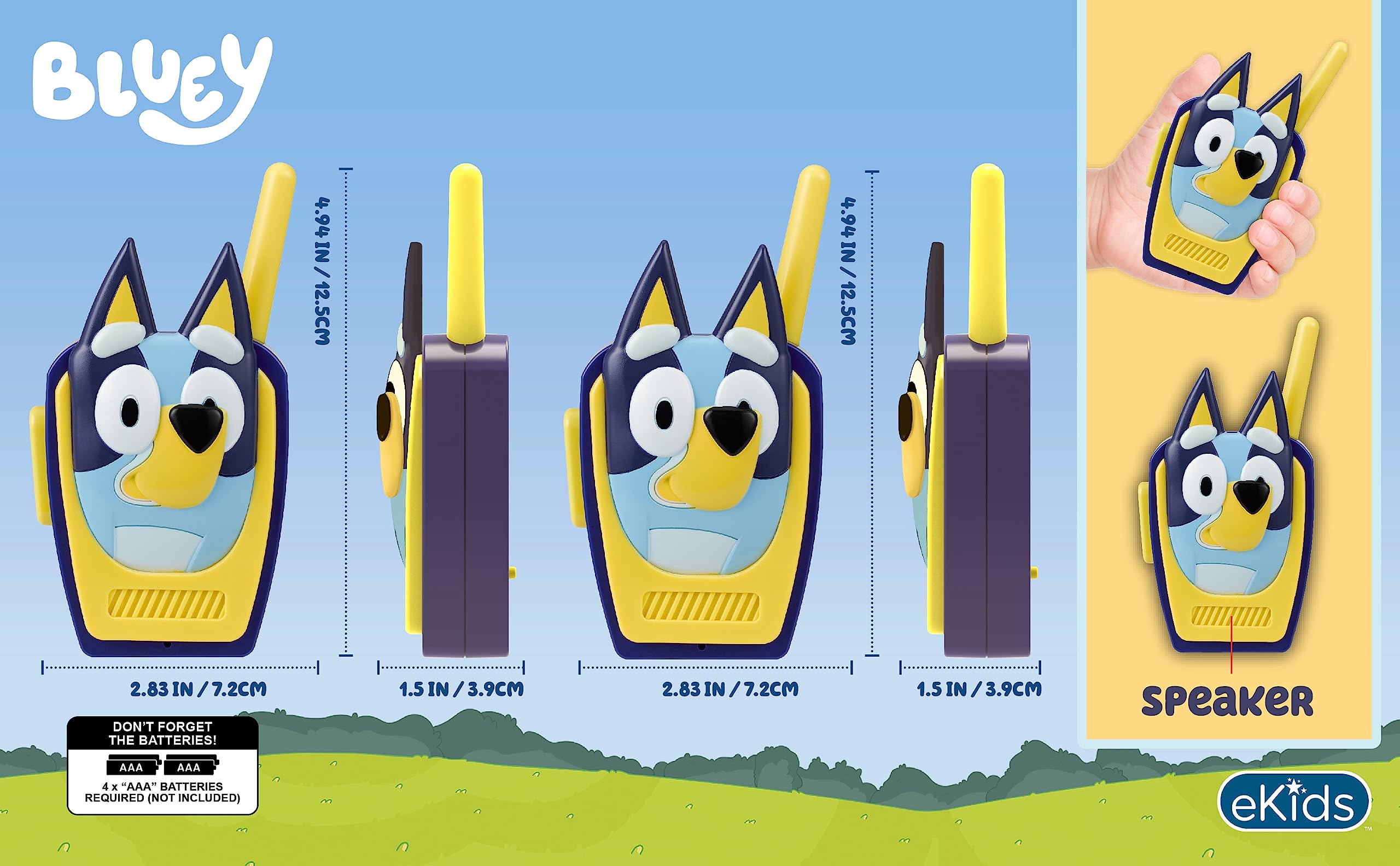 ekids Bluey walkie talkie back view showing compact, kid-friendly design for travel play