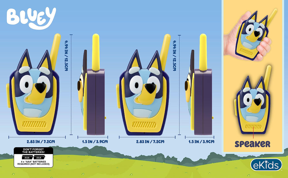 ekids Bluey walkie talkie back view showing compact, kid-friendly design for travel play