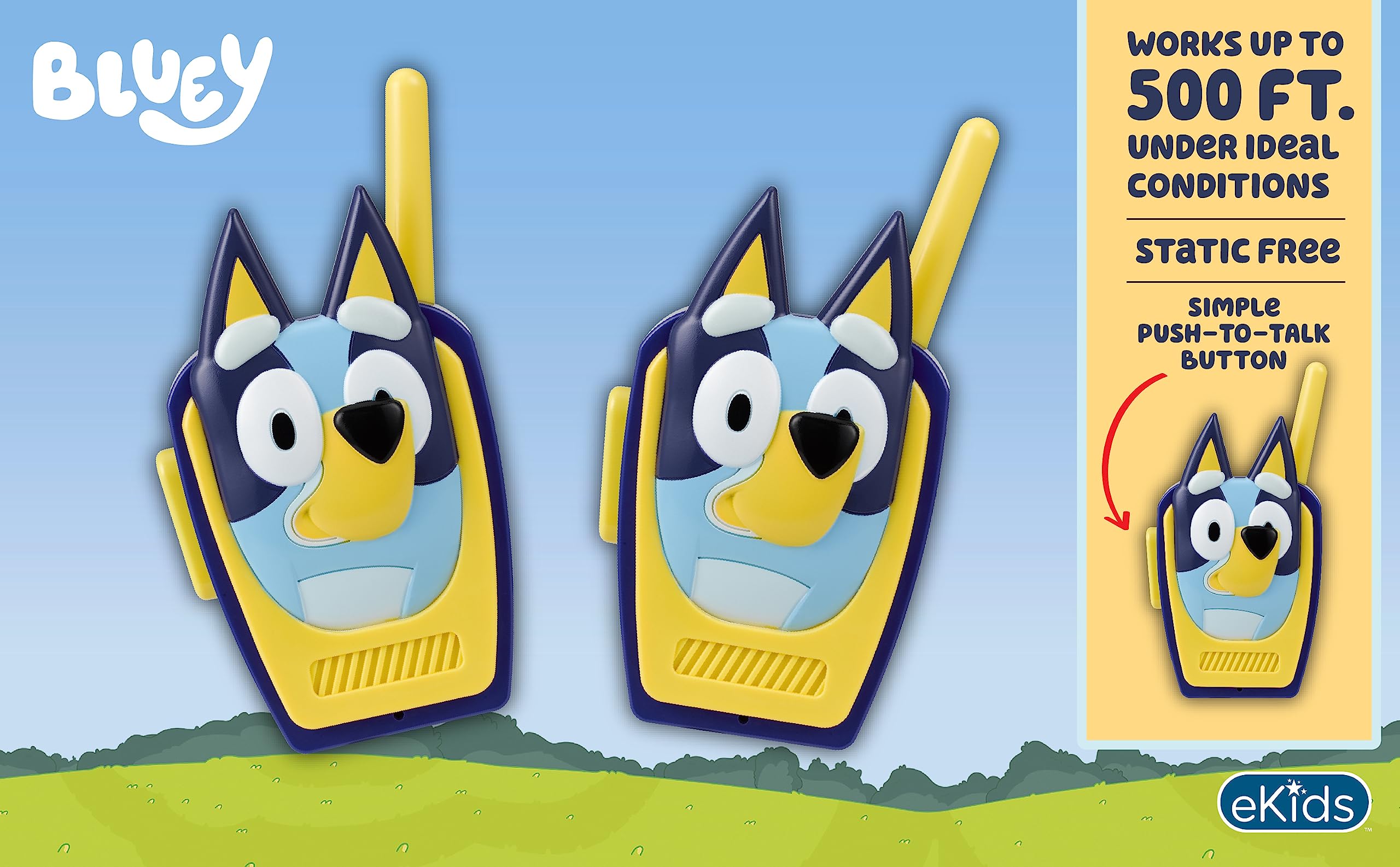 ekids Bluey walkie talkie pair in use with siblings enjoying extended range