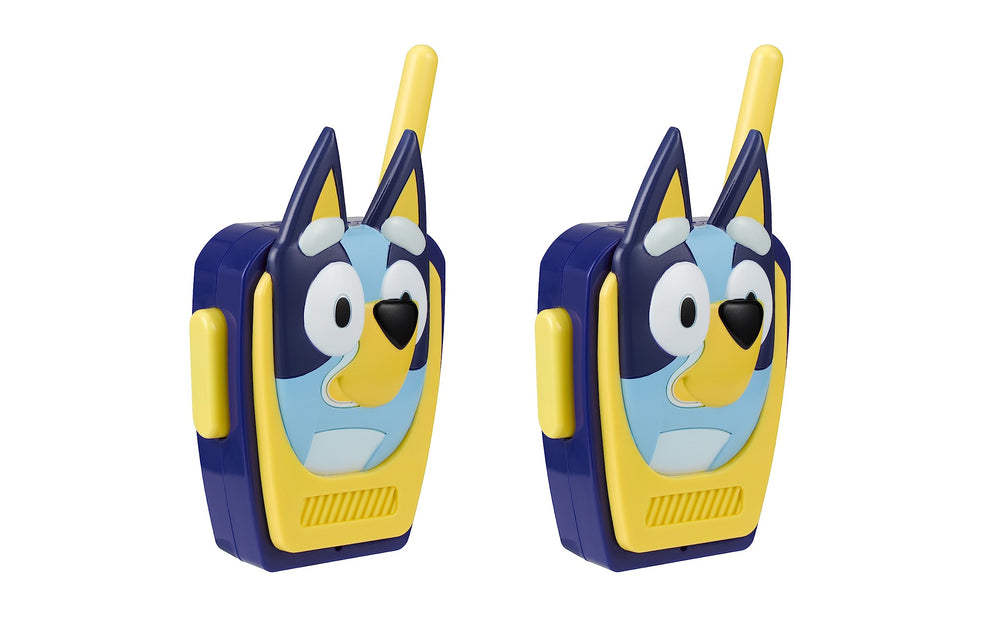 ekids Bluey walkie talkie range illustration depicting up to 500 feet in ideal conditions