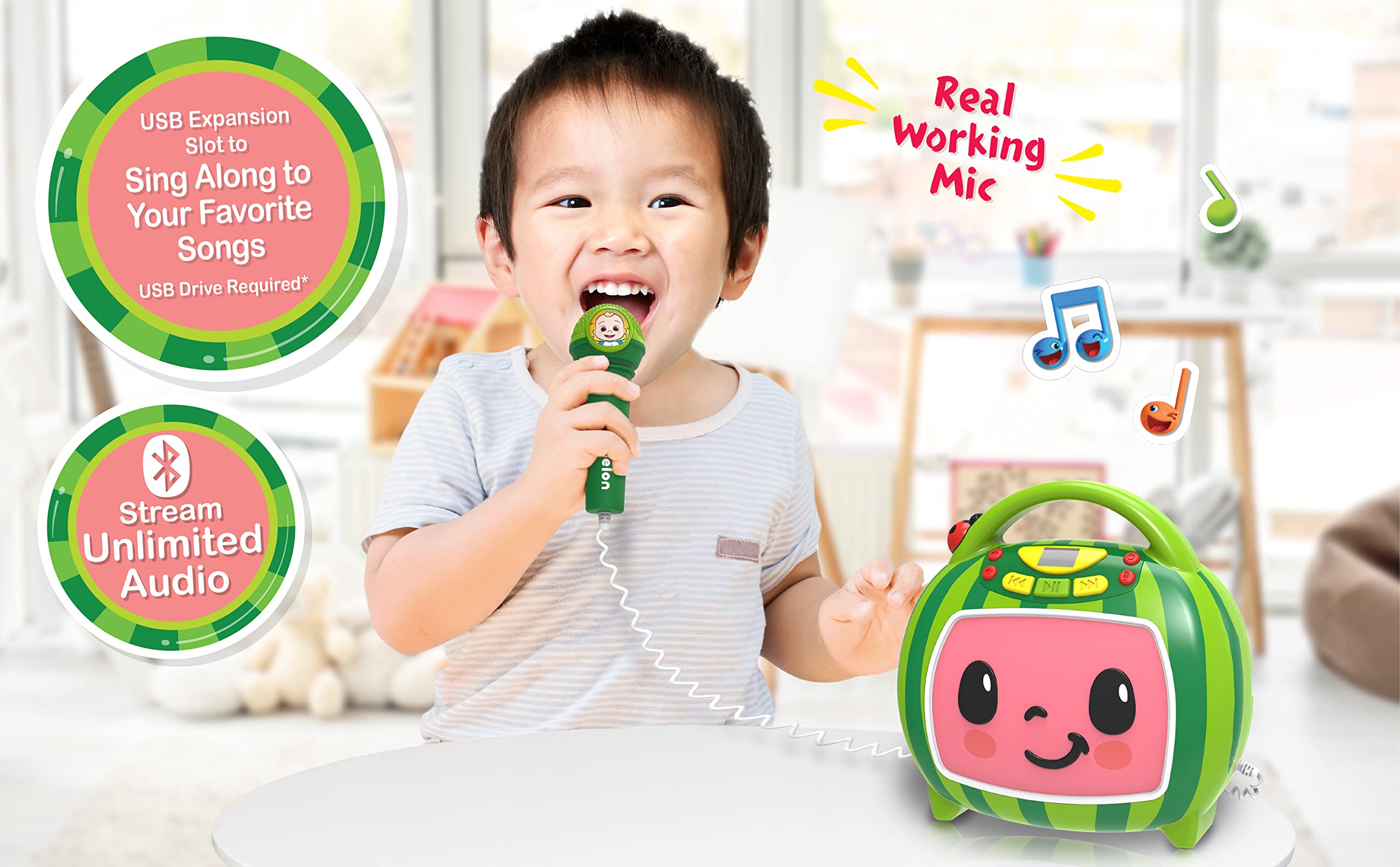 Ekids Cocomelon karaoke machine shows built-in songs for sing-alongs.