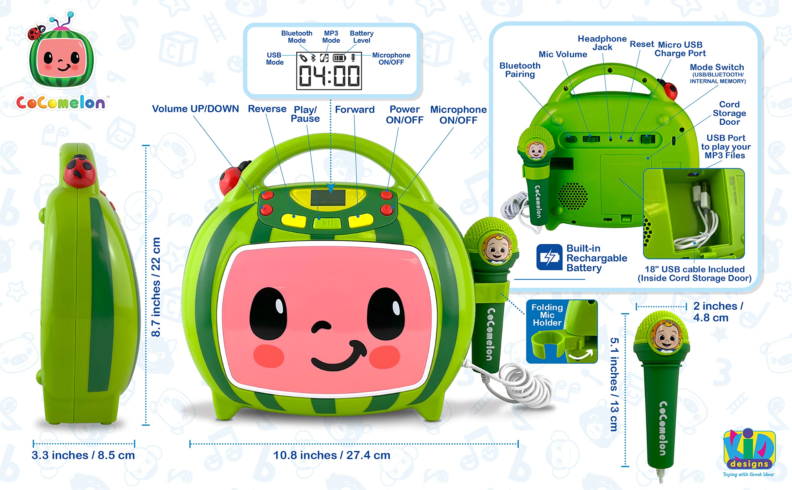 Ekids Cocomelon karaoke machine headphone jack enables quiet listening.