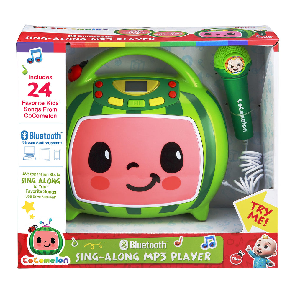 Ekids Cocomelon karaoke machine in use with child enjoying singing.