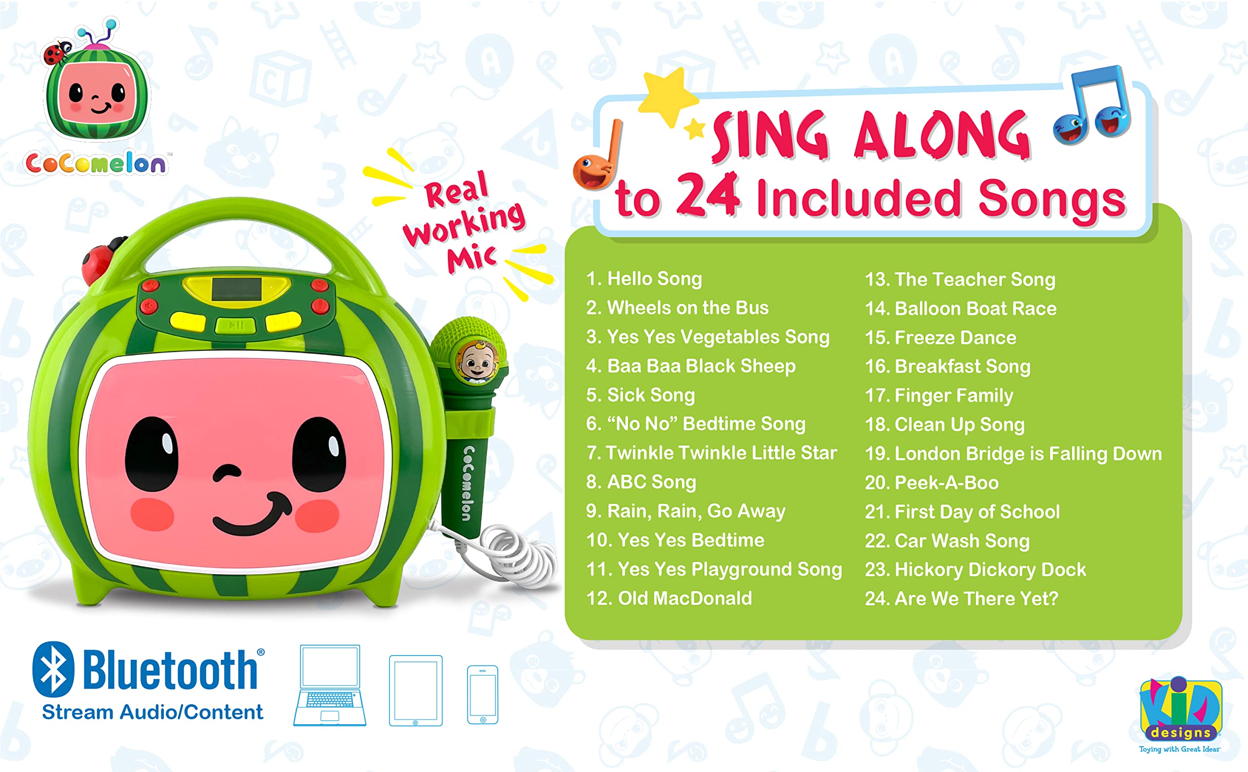 Ekids Cocomelon karaoke machine portable design ideal for travel and small spaces.