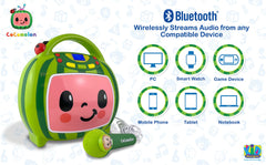Ekids Cocomelon karaoke machine USB playback to add personal playlists.