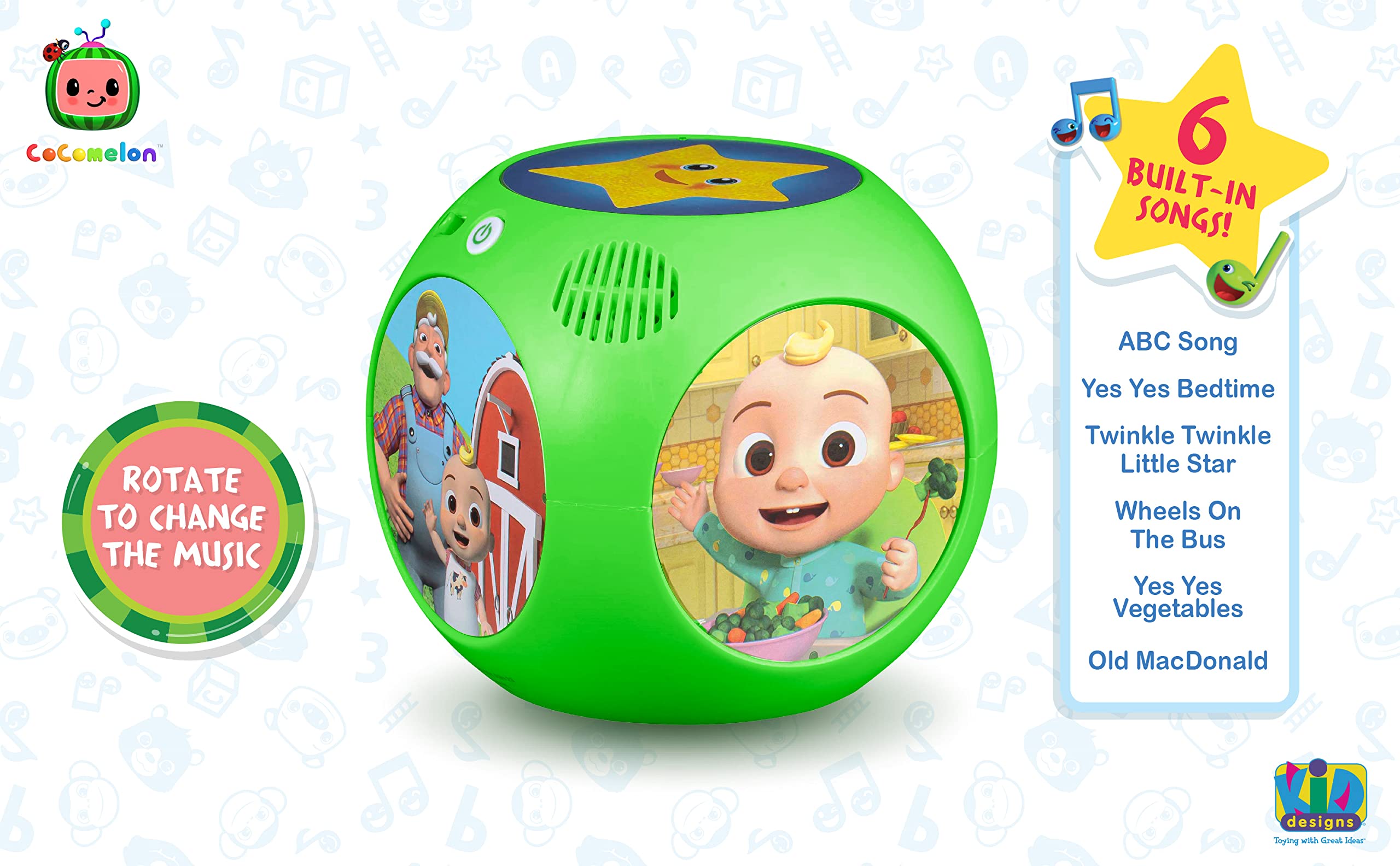 ekids Cocomelon musical toy side view highlighting rotation to change songs.