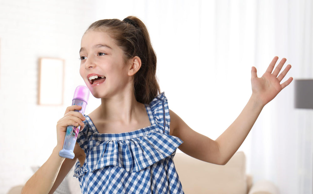 eKids Disney Frozen karaoke microphone in hand ready for spontaneous sing-alongs