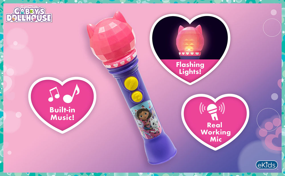 eKids Gabby’s Dollhouse microphone with flashing lights for stage-ready play.