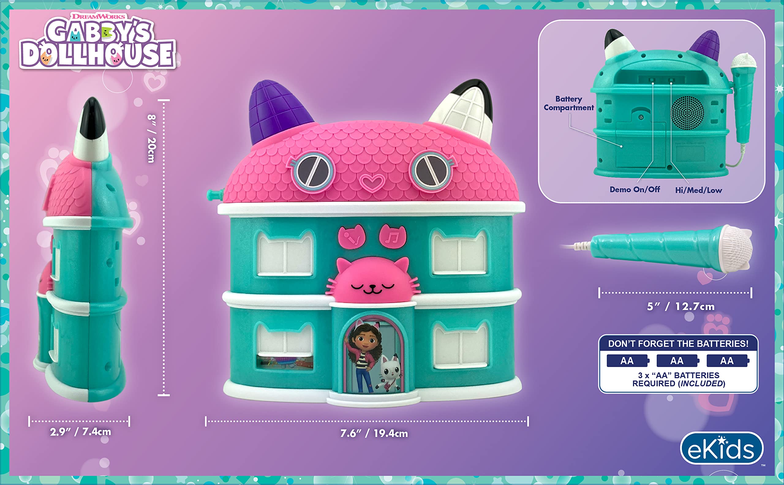ekids Gabby dollhouse graphics and design enhance colorful imaginative play.