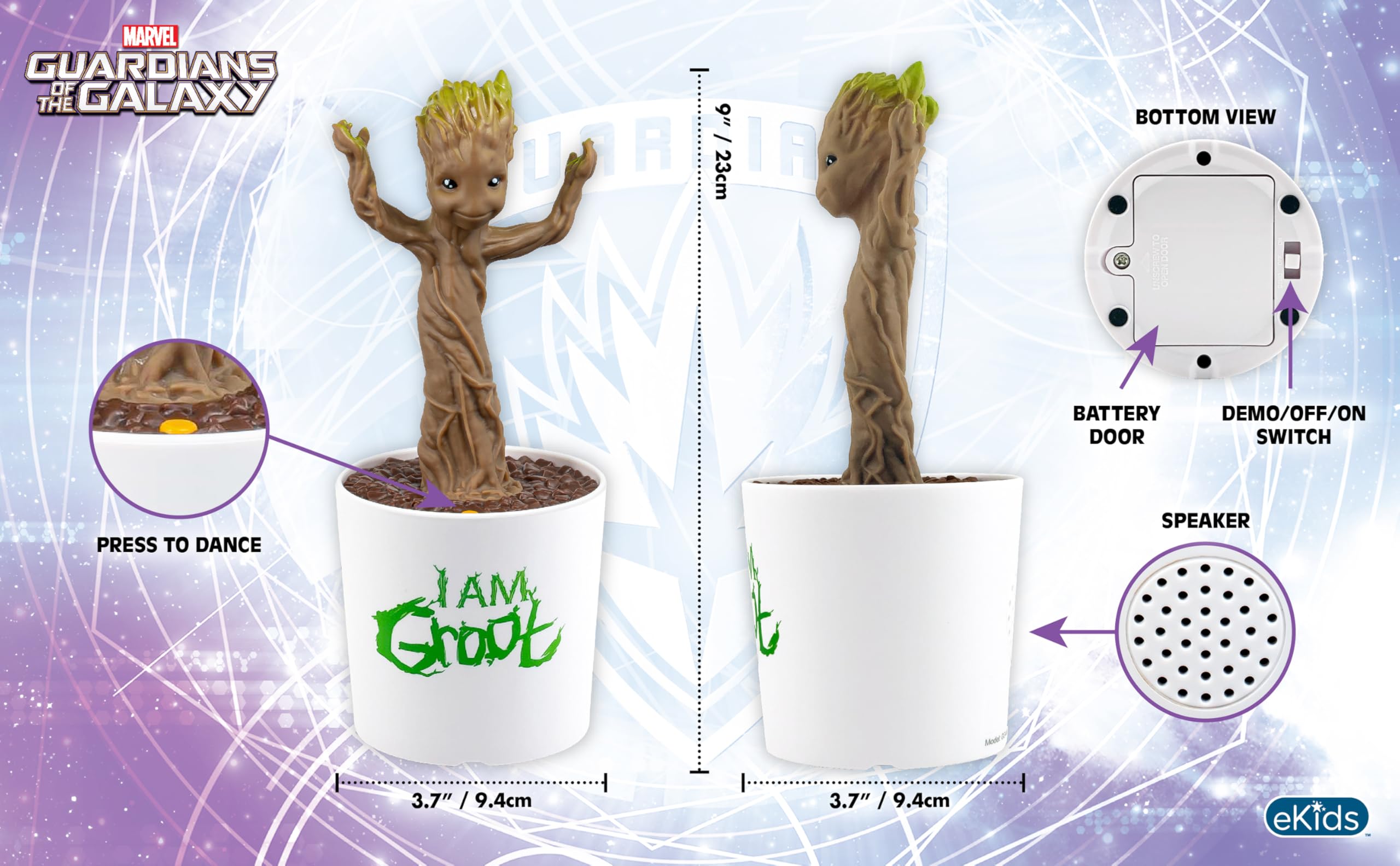 eKids Groot sound-activated dancing toy reacting to music and claps