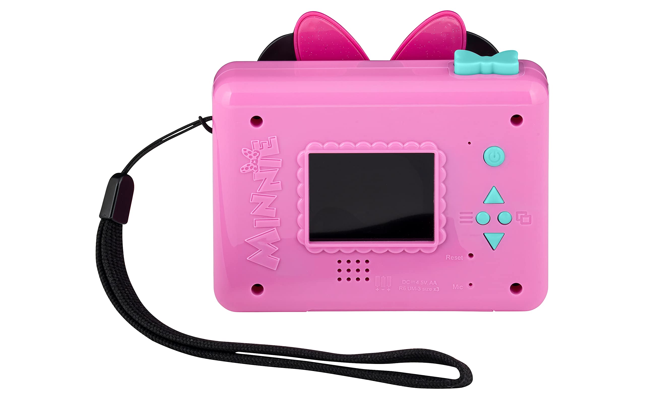 ekids Minnie Mouse camera side view showing compact design for small hands.