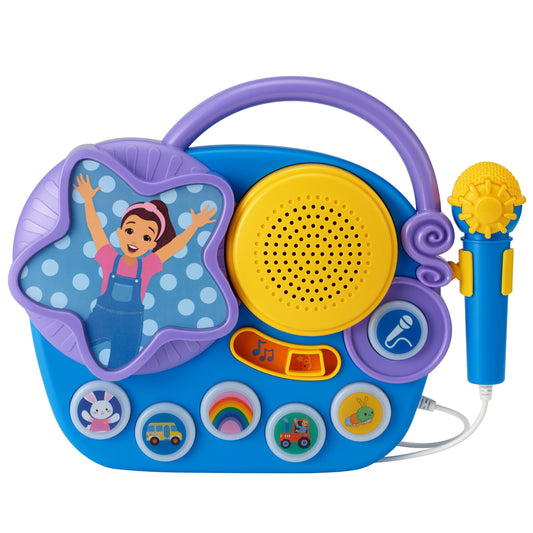 eKids Ms Rachel karaoke microphone with vibrant graphics inspiring joyful home singing