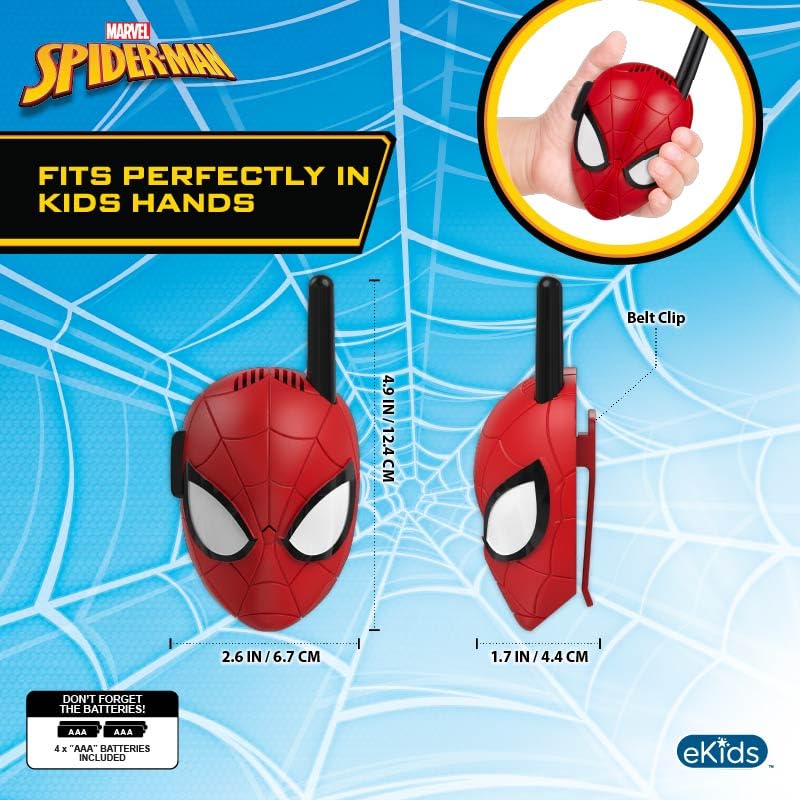 eKids Spiderman walkie talkie belt clip keeps devices secure during active play.