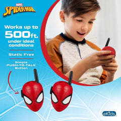 eKids Spiderman walkie talkie PTT button demonstrates easy push-to-talk control.
