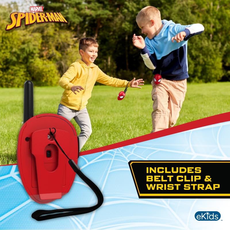 eKids Spiderman walkie talkie extended range up to 500 feet for outdoor games.