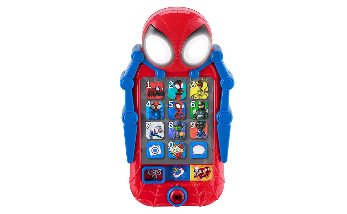 eKids Spidey phone front view for toddlers, engaging learning play.
