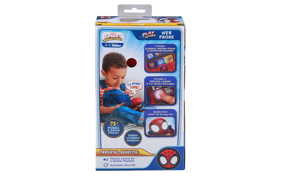 eKids Spidey phone portable design, durable for travel and learning.