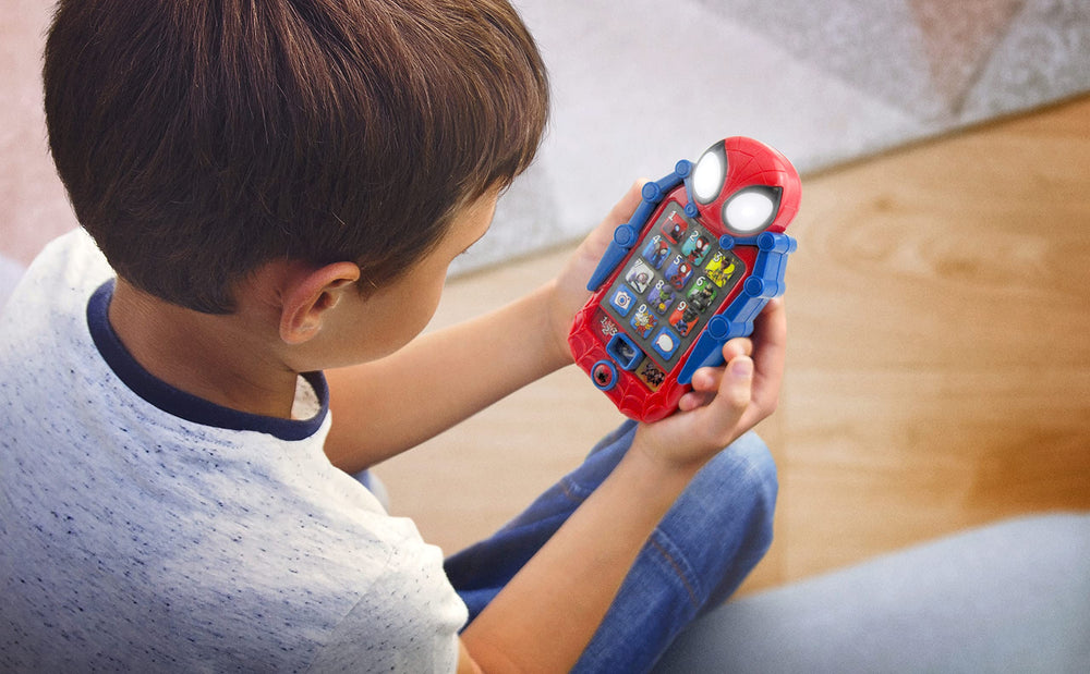 eKids Spidey phone pretend-play, imaginative adventures during trips.