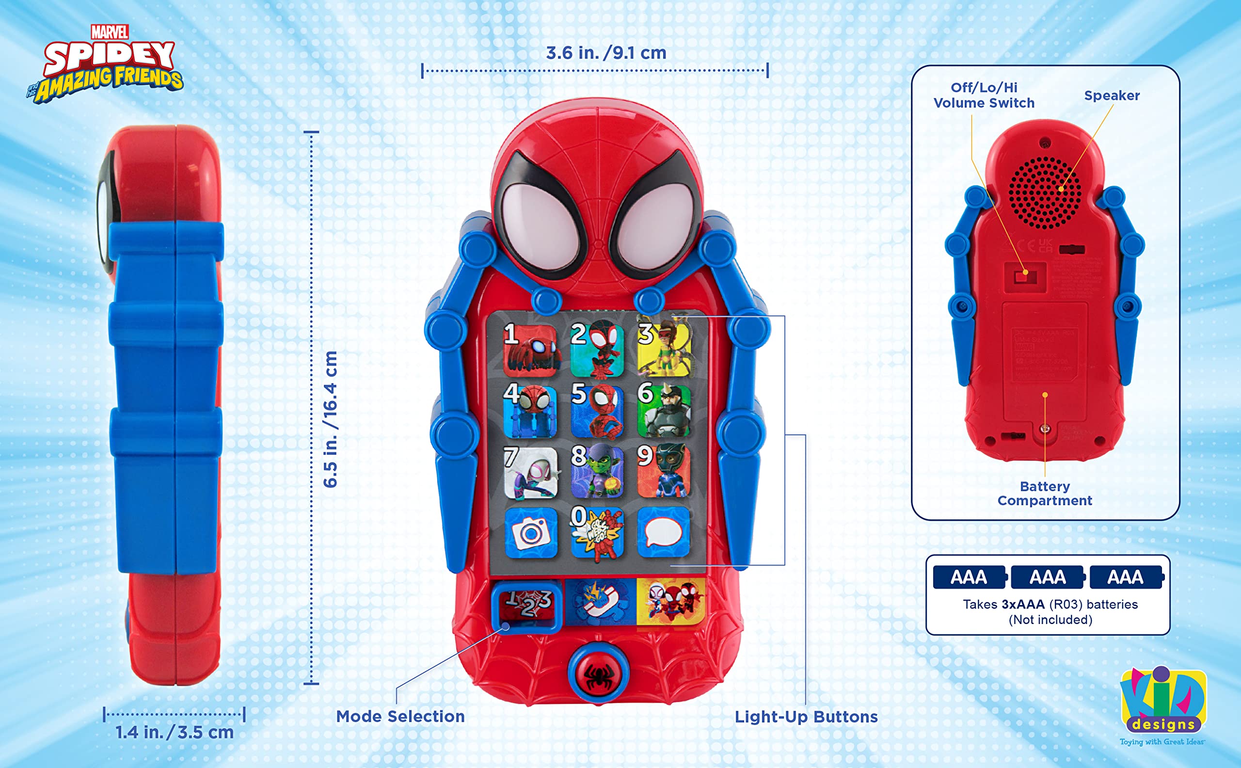 eKids Spidey phone volume controls, parent-friendly limits for quiet play.