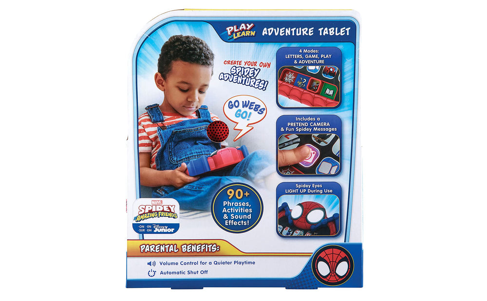 ekids Spidey tablet built-in sounds support storytelling and friendly feedback.