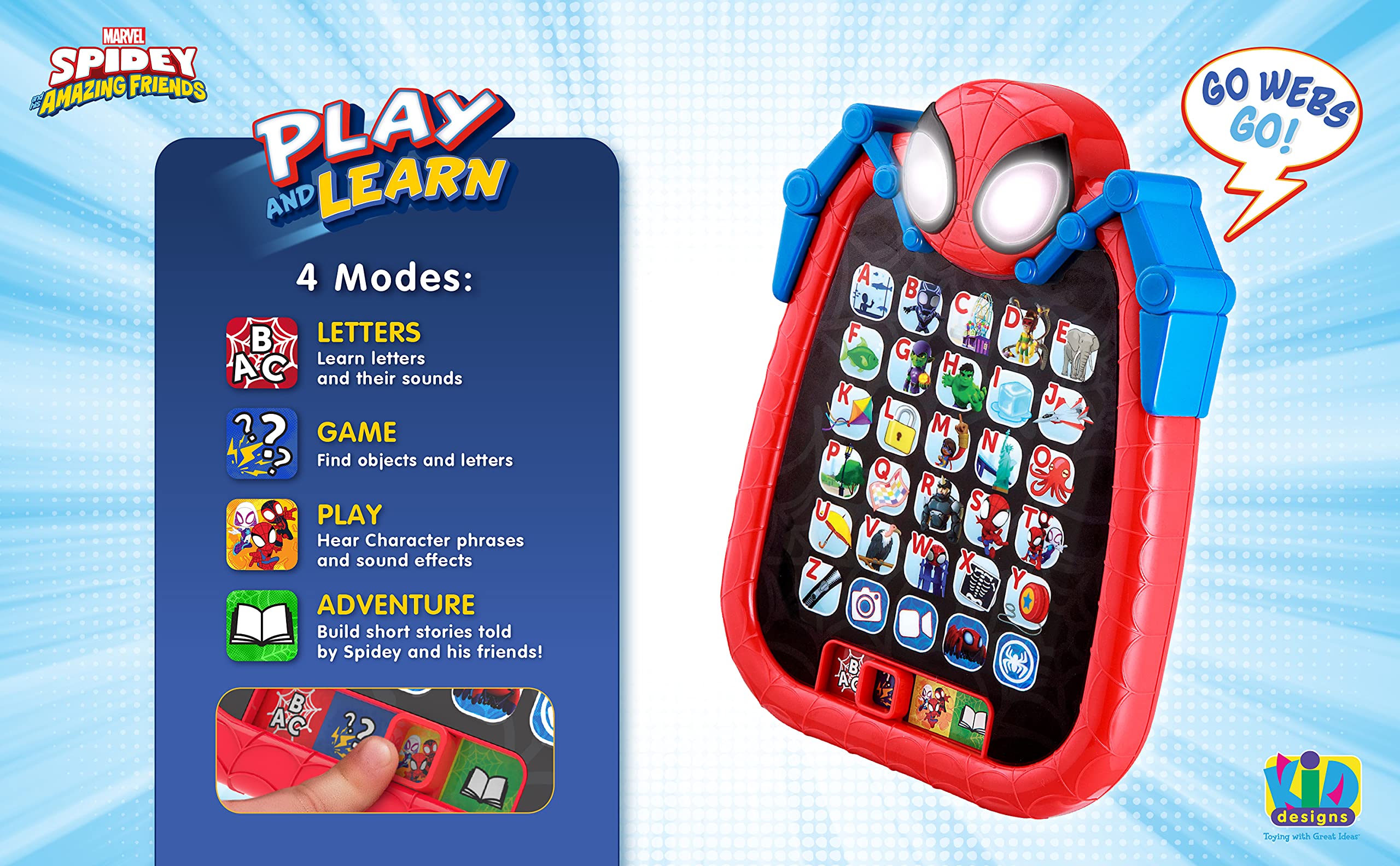 ekids Spidey tablet letters mode activation for early alphabet learning.