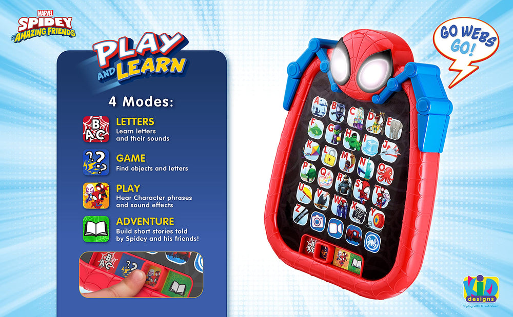 ekids Spidey tablet letters mode activation for early alphabet learning.